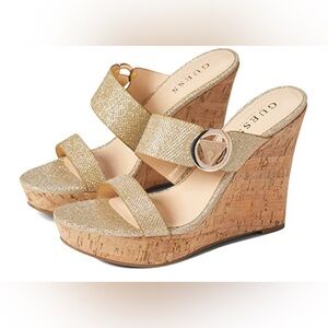 Guess Gold Wedge Sandals with Cork Platform